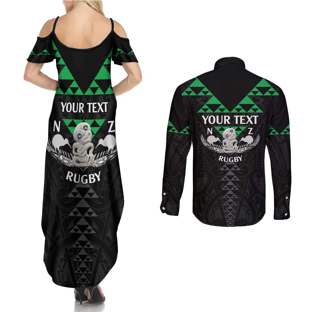 Personalised Aotearoa Rugby Couples Matching Summer Maxi Dress and Long Sleeve Button Shirt New Zealand Maori Kete Matauranga Pattern LT14 - Polynesian Pride
