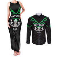 Personalised Aotearoa Rugby Couples Matching Tank Maxi Dress and Long Sleeve Button Shirt New Zealand Maori Kete Matauranga Pattern LT14 Black - Polynesian Pride