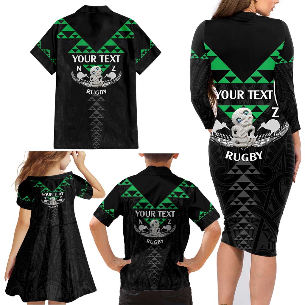 Personalised Aotearoa Rugby Family Matching Long Sleeve Bodycon Dress and Hawaiian Shirt New Zealand Maori Kete Matauranga Pattern LT14 - Polynesian Pride