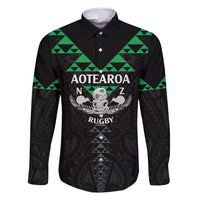 Personalised Aotearoa Rugby Family Matching Mermaid Dress and Hawaiian Shirt New Zealand Maori Kete Matauranga Pattern LT14 Dad's Shirt - Long Sleeve Black - Polynesian Pride