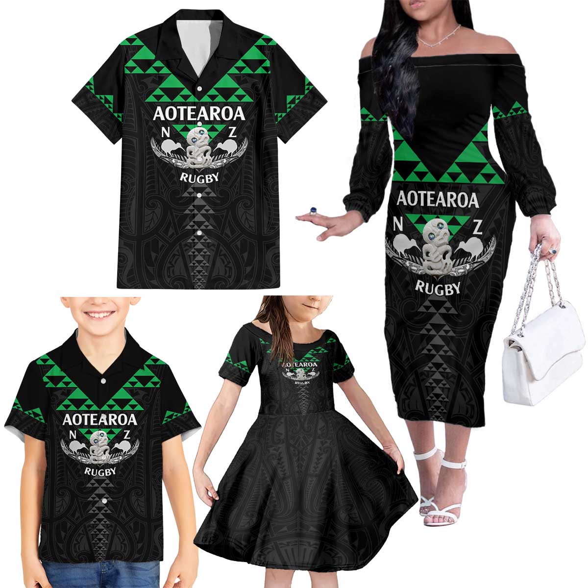 Personalised Aotearoa Rugby Family Matching Off The Shoulder Long Sleeve Dress and Hawaiian Shirt New Zealand Maori Kete Matauranga Pattern LT14 - Polynesian Pride