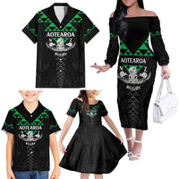 Personalised Aotearoa Rugby Family Matching Off The Shoulder Long Sleeve Dress and Hawaiian Shirt New Zealand Maori Kete Matauranga Pattern LT14 - Polynesian Pride