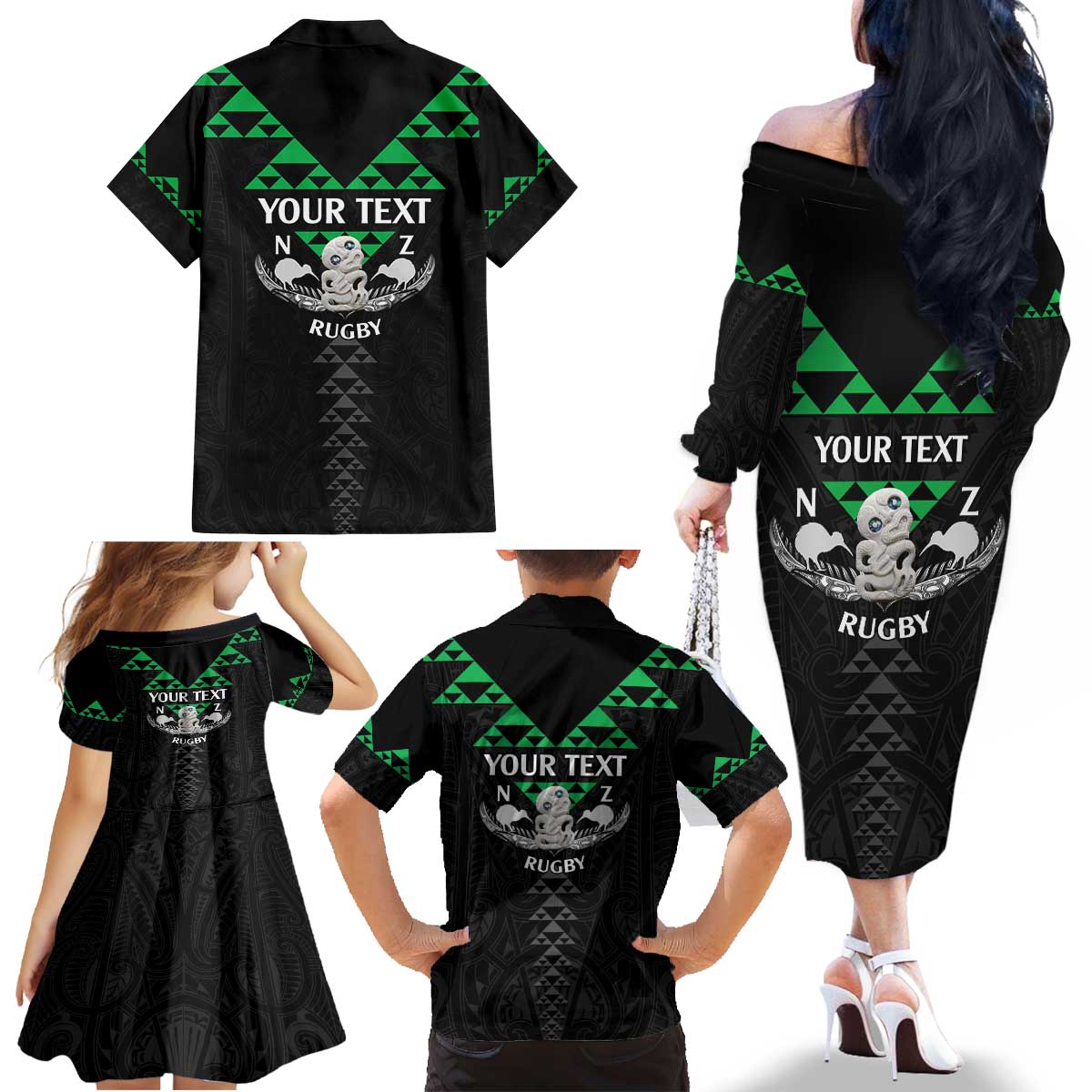 Personalised Aotearoa Rugby Family Matching Off The Shoulder Long Sleeve Dress and Hawaiian Shirt New Zealand Maori Kete Matauranga Pattern LT14 - Polynesian Pride