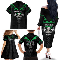 Personalised Aotearoa Rugby Family Matching Off The Shoulder Long Sleeve Dress and Hawaiian Shirt New Zealand Maori Kete Matauranga Pattern LT14 - Polynesian Pride