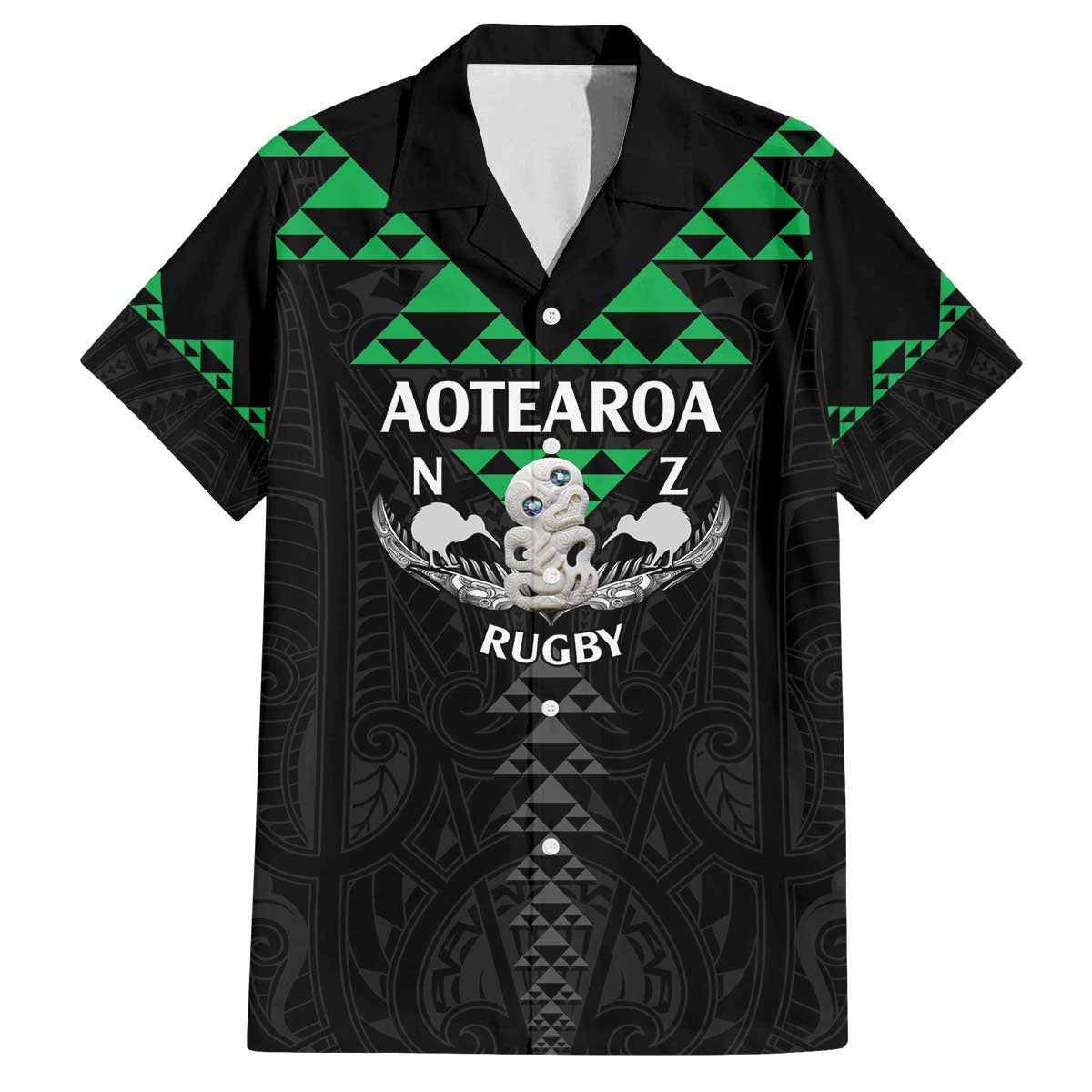 Personalised Aotearoa Rugby Family Matching Off The Shoulder Long Sleeve Dress and Hawaiian Shirt New Zealand Maori Kete Matauranga Pattern LT14 Dad's Shirt - Short Sleeve Black - Polynesian Pride
