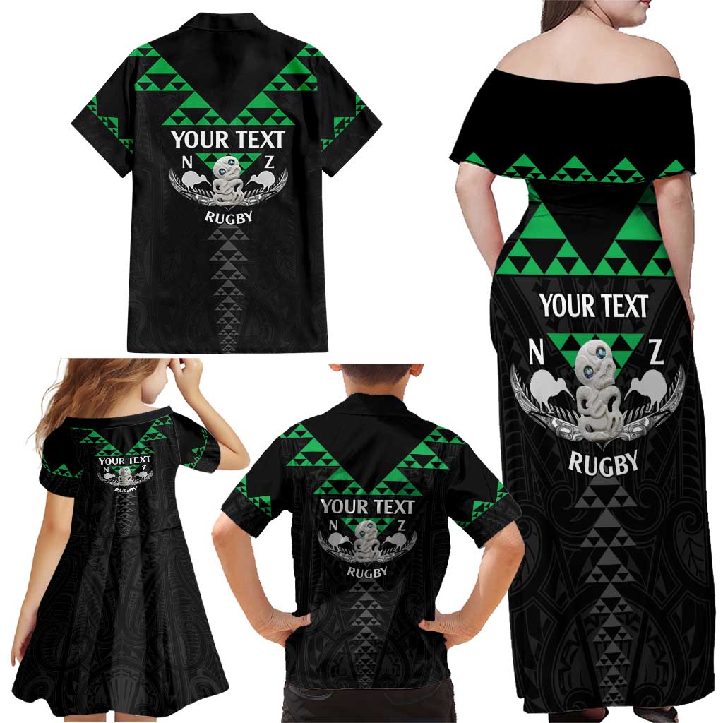 Personalised Aotearoa Rugby Family Matching Off Shoulder Maxi Dress and Hawaiian Shirt New Zealand Maori Kete Matauranga Pattern LT14 - Polynesian Pride