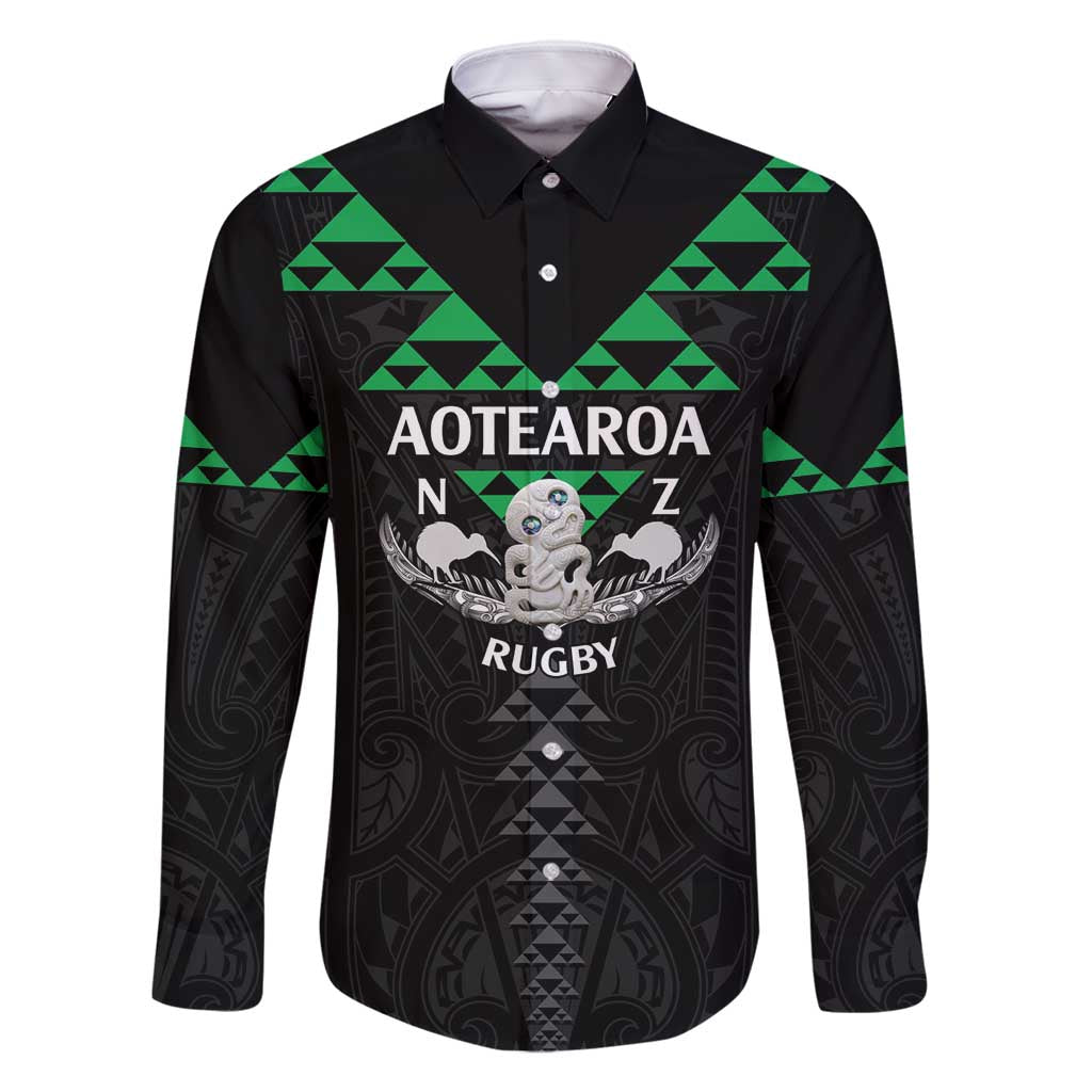Personalised Aotearoa Rugby Family Matching Off Shoulder Maxi Dress and Hawaiian Shirt New Zealand Maori Kete Matauranga Pattern LT14 Dad's Shirt - Long Sleeve Black - Polynesian Pride