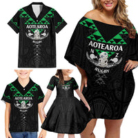 Personalised Aotearoa Rugby Family Matching Off Shoulder Short Dress and Hawaiian Shirt New Zealand Maori Kete Matauranga Pattern LT14 - Polynesian Pride