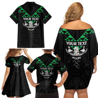 Personalised Aotearoa Rugby Family Matching Off Shoulder Short Dress and Hawaiian Shirt New Zealand Maori Kete Matauranga Pattern LT14 - Polynesian Pride