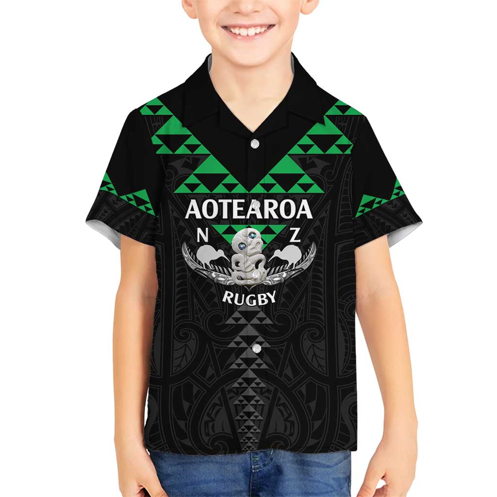 Personalised Aotearoa Rugby Family Matching Off Shoulder Short Dress and Hawaiian Shirt New Zealand Maori Kete Matauranga Pattern LT14 Son's Shirt Black - Polynesian Pride