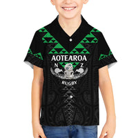 Personalised Aotearoa Rugby Family Matching Off Shoulder Short Dress and Hawaiian Shirt New Zealand Maori Kete Matauranga Pattern LT14 Son's Shirt Black - Polynesian Pride