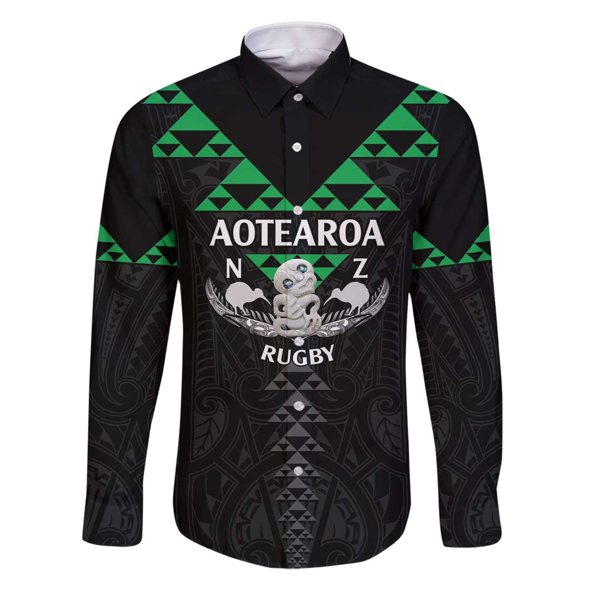 Personalised Aotearoa Rugby Family Matching Puletasi and Hawaiian Shirt New Zealand Maori Kete Matauranga Pattern LT14 Dad's Shirt - Long Sleeve Black - Polynesian Pride