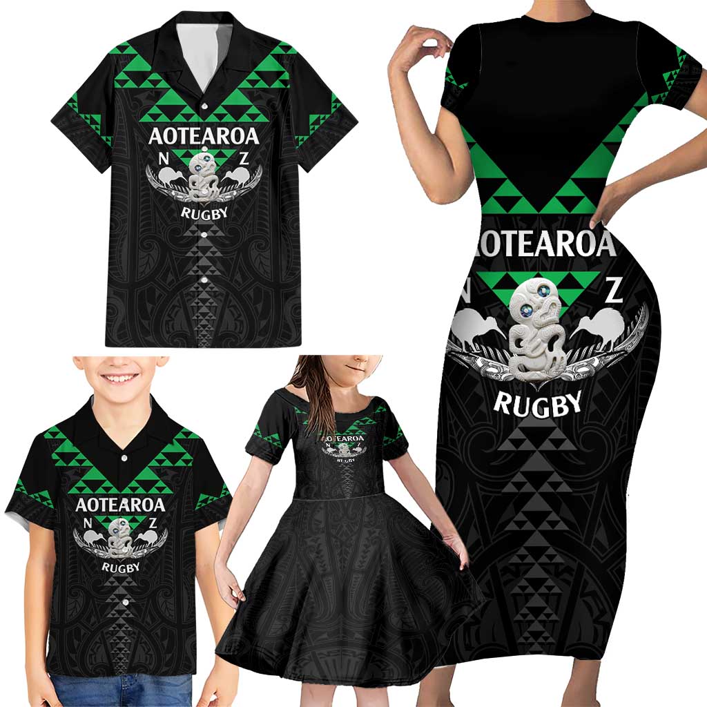 Personalised Aotearoa Rugby Family Matching Short Sleeve Bodycon Dress and Hawaiian Shirt New Zealand Maori Kete Matauranga Pattern LT14 - Polynesian Pride
