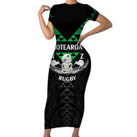Personalised Aotearoa Rugby Family Matching Short Sleeve Bodycon Dress and Hawaiian Shirt New Zealand Maori Kete Matauranga Pattern LT14 Mom's Dress Black - Polynesian Pride