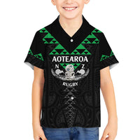 Personalised Aotearoa Rugby Family Matching Short Sleeve Bodycon Dress and Hawaiian Shirt New Zealand Maori Kete Matauranga Pattern LT14 Son's Shirt Black - Polynesian Pride