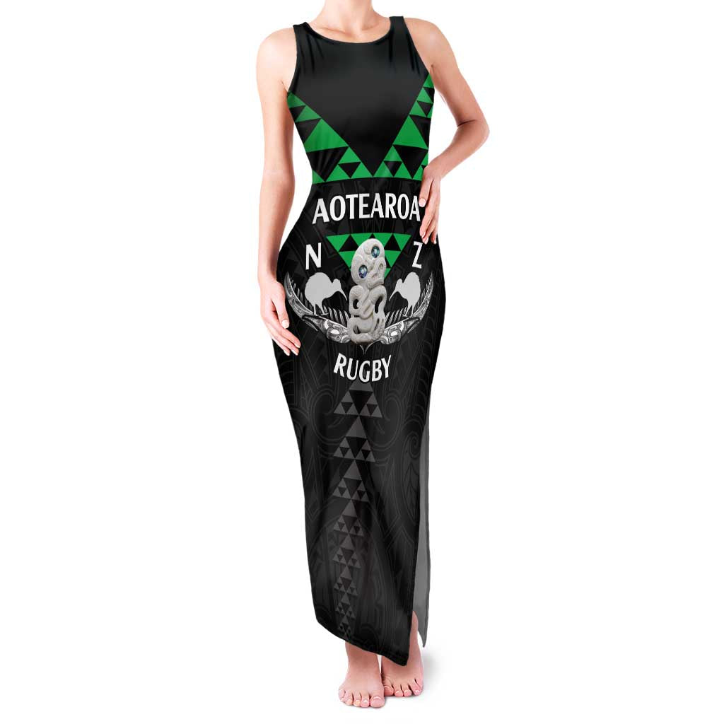 Personalised Aotearoa Rugby Family Matching Tank Maxi Dress and Hawaiian Shirt New Zealand Maori Kete Matauranga Pattern LT14 Mom's Dress Black - Polynesian Pride