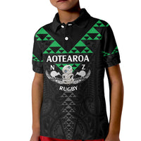 Personalised Aotearoa Rugby Kid Polo Shirt New Zealand Maori Kete Matauranga Pattern LT14 Kid Black - Polynesian Pride