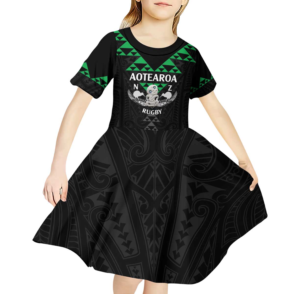 Personalised Aotearoa Rugby Kid Short Sleeve Dress New Zealand Maori Kete Matauranga Pattern LT14 - Polynesian Pride