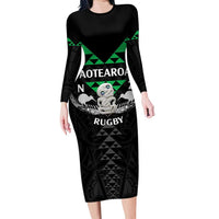 Personalised Aotearoa Rugby Long Sleeve Bodycon Dress New Zealand Maori Kete Matauranga Pattern LT14 Long Dress Black - Polynesian Pride