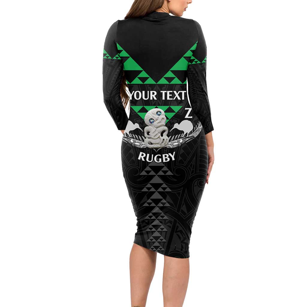Personalised Aotearoa Rugby Long Sleeve Bodycon Dress New Zealand Maori Kete Matauranga Pattern LT14 - Polynesian Pride
