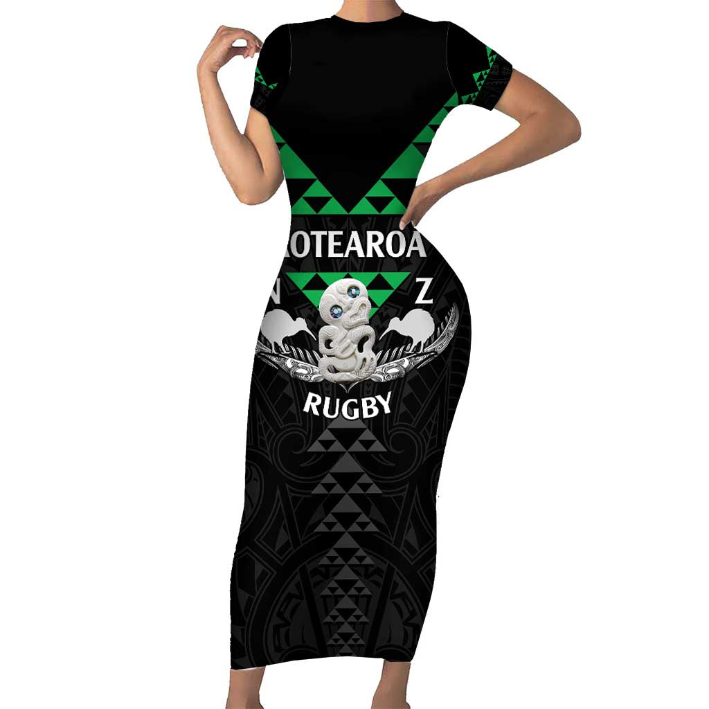 Personalised Aotearoa Rugby Short Sleeve Bodycon Dress New Zealand Maori Kete Matauranga Pattern LT14 Long Dress Black - Polynesian Pride