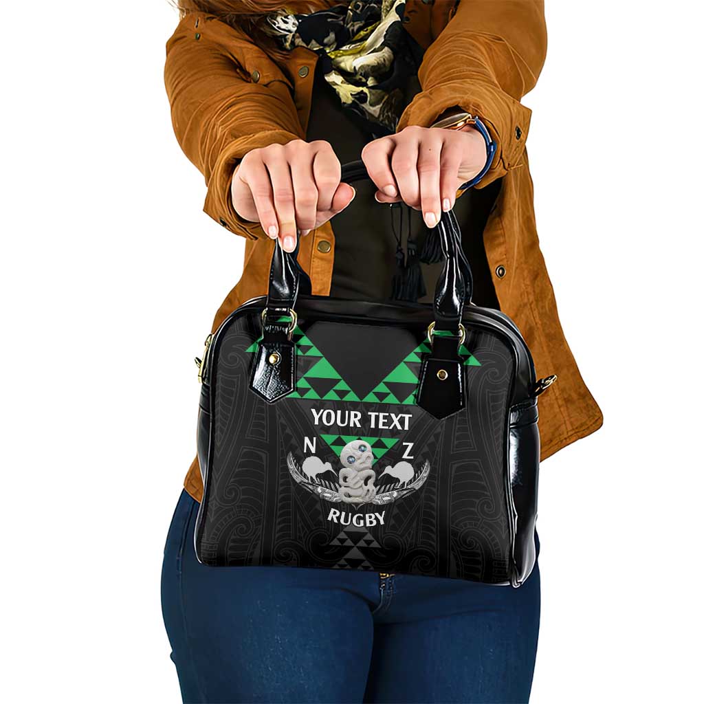 Personalised Aotearoa Rugby Shoulder Handbag New Zealand Maori Kete Matauranga Pattern LT14 One Size Black - Polynesian Pride