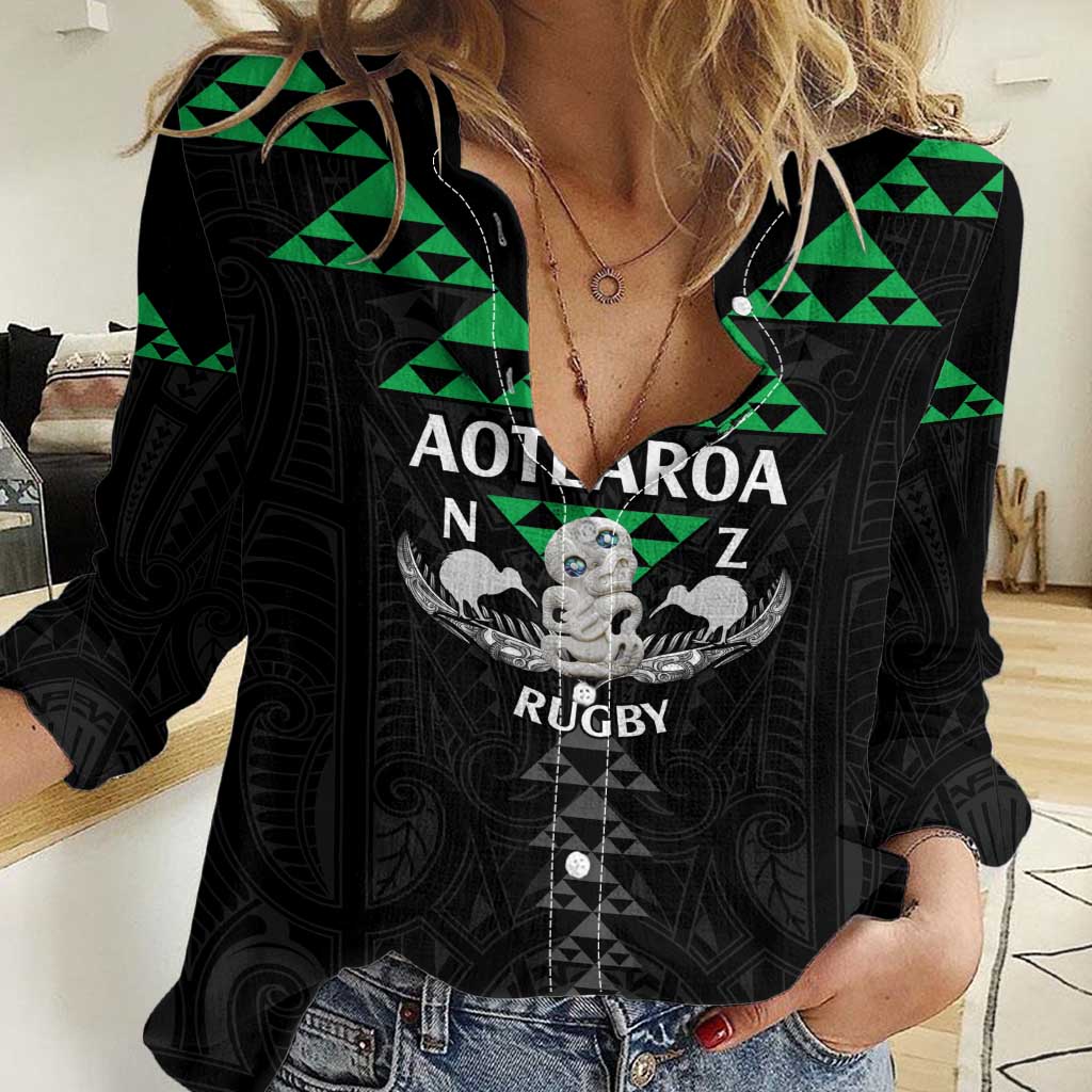 Personalised Aotearoa Rugby Women Casual Shirt New Zealand Maori Kete Matauranga Pattern LT14 Female Black - Polynesian Pride