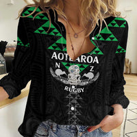 Personalised Aotearoa Rugby Women Casual Shirt New Zealand Maori Kete Matauranga Pattern LT14 Female Black - Polynesian Pride
