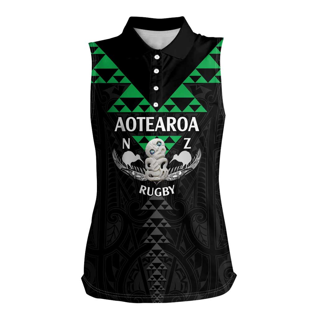 Personalised Aotearoa Rugby Women Sleeveless Polo Shirt New Zealand Maori Kete Matauranga Pattern LT14 Female Black - Polynesian Pride