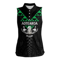 Personalised Aotearoa Rugby Women Sleeveless Polo Shirt New Zealand Maori Kete Matauranga Pattern LT14 Female Black - Polynesian Pride