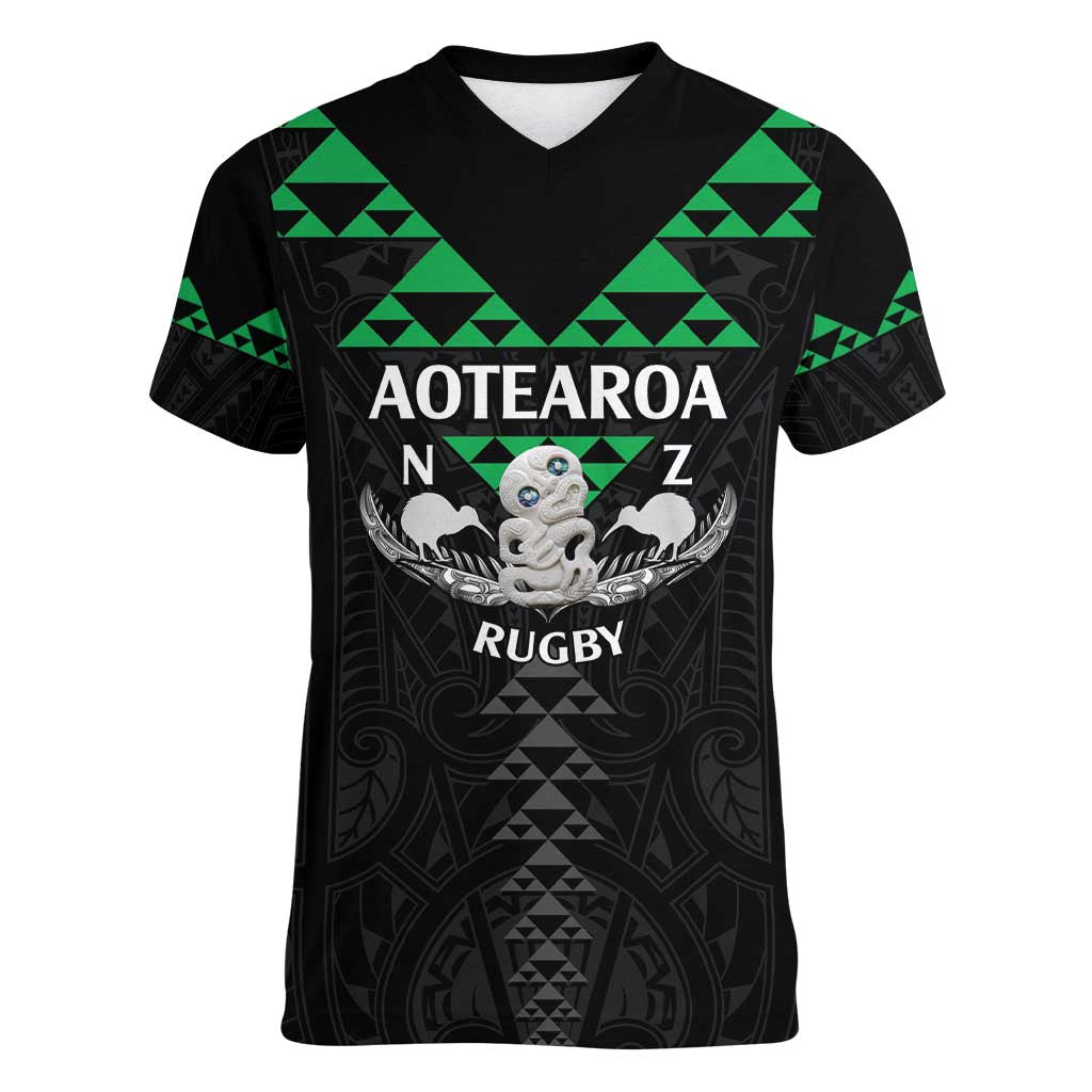 Personalised Aotearoa Rugby Women V-Neck T-Shirt New Zealand Maori Kete Matauranga Pattern LT14 Female Black - Polynesian Pride