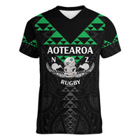 Personalised Aotearoa Rugby Women V-Neck T-Shirt New Zealand Maori Kete Matauranga Pattern LT14 Female Black - Polynesian Pride
