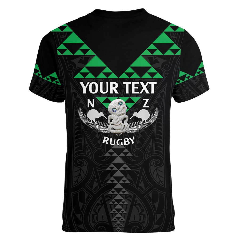 Personalised Aotearoa Rugby Women V-Neck T-Shirt New Zealand Maori Kete Matauranga Pattern LT14 - Polynesian Pride