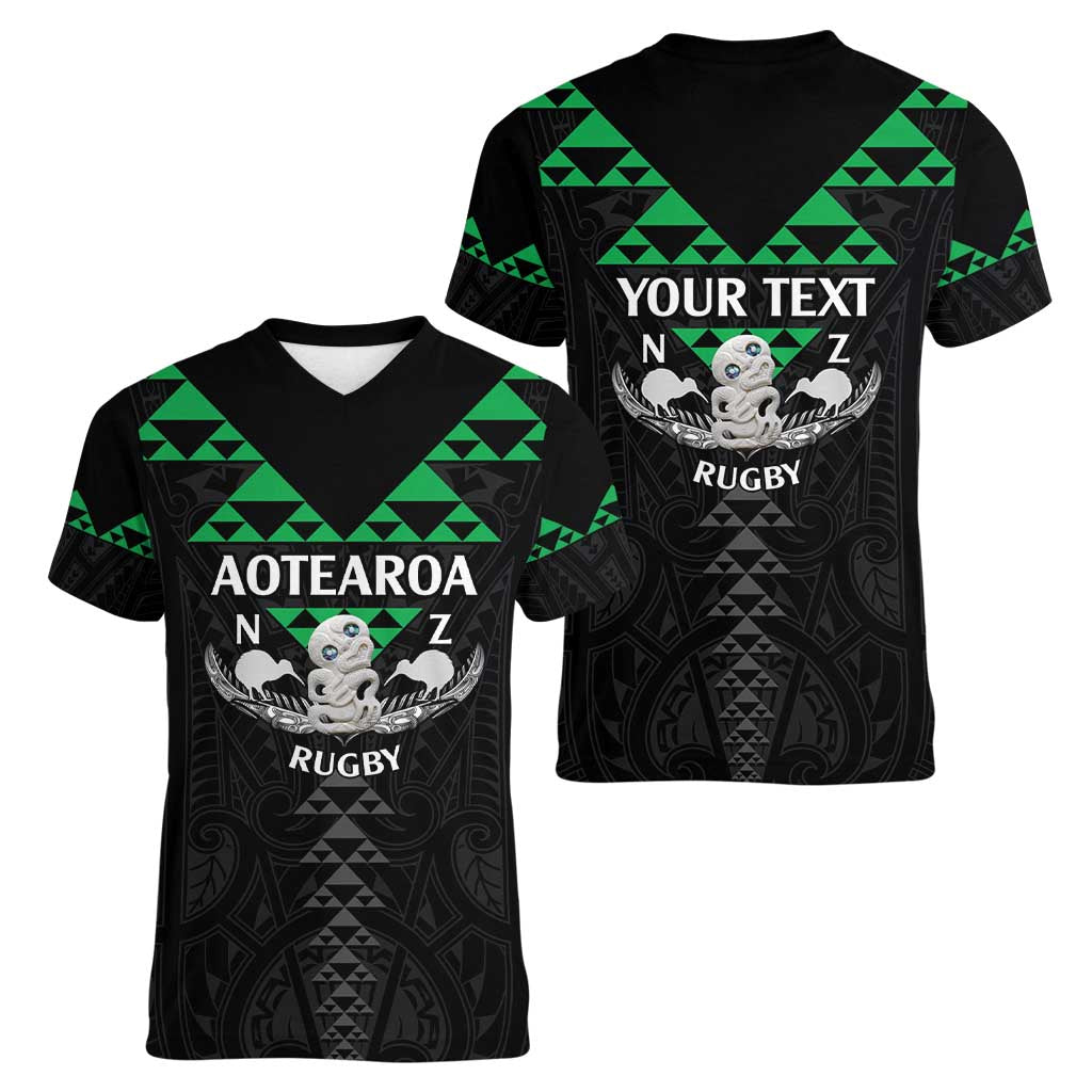 Personalised Aotearoa Rugby Women V-Neck T-Shirt New Zealand Maori Kete Matauranga Pattern LT14 - Polynesian Pride