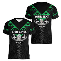 Personalised Aotearoa Rugby Women V-Neck T-Shirt New Zealand Maori Kete Matauranga Pattern LT14 - Polynesian Pride