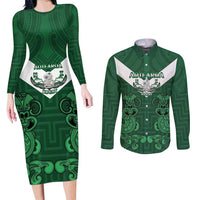 Custom Aotearoa Rugby Couples Matching Long Sleeve Bodycon Dress and Long Sleeve Button Shirt New Zealand Maori Kete Poutama Pattern LT14 Green - Polynesian Pride