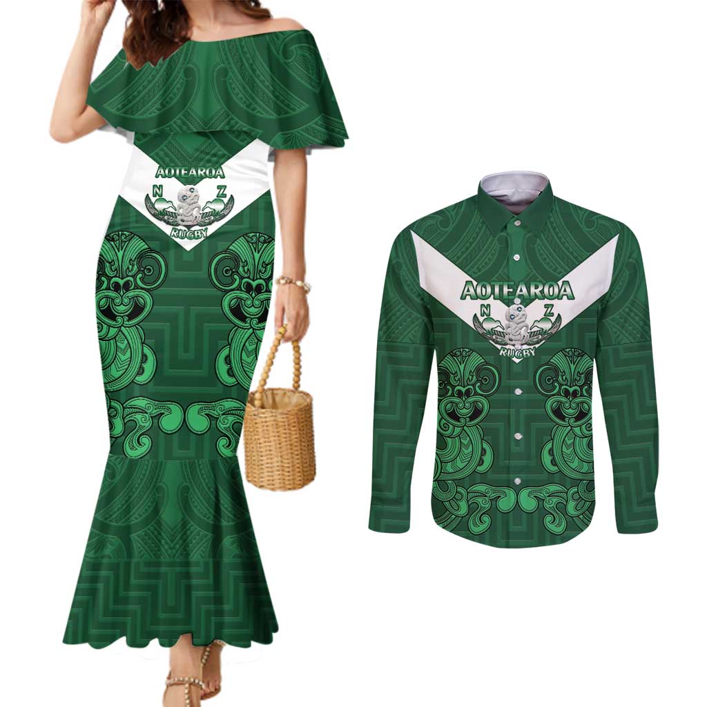 Custom Aotearoa Rugby Couples Matching Mermaid Dress and Long Sleeve Button Shirt New Zealand Maori Kete Poutama Pattern LT14 Green - Polynesian Pride