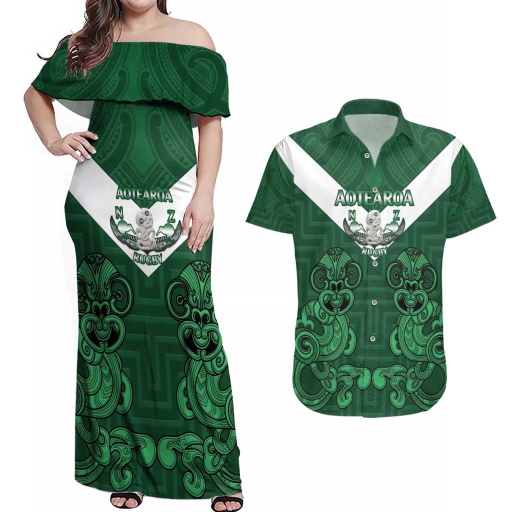 Custom Aotearoa Rugby Couples Matching Off Shoulder Maxi Dress and Hawaiian Shirt New Zealand Maori Kete Poutama Pattern LT14 Green - Polynesian Pride