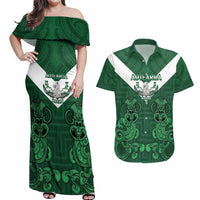 Custom Aotearoa Rugby Couples Matching Off Shoulder Maxi Dress and Hawaiian Shirt New Zealand Maori Kete Poutama Pattern LT14 Green - Polynesian Pride