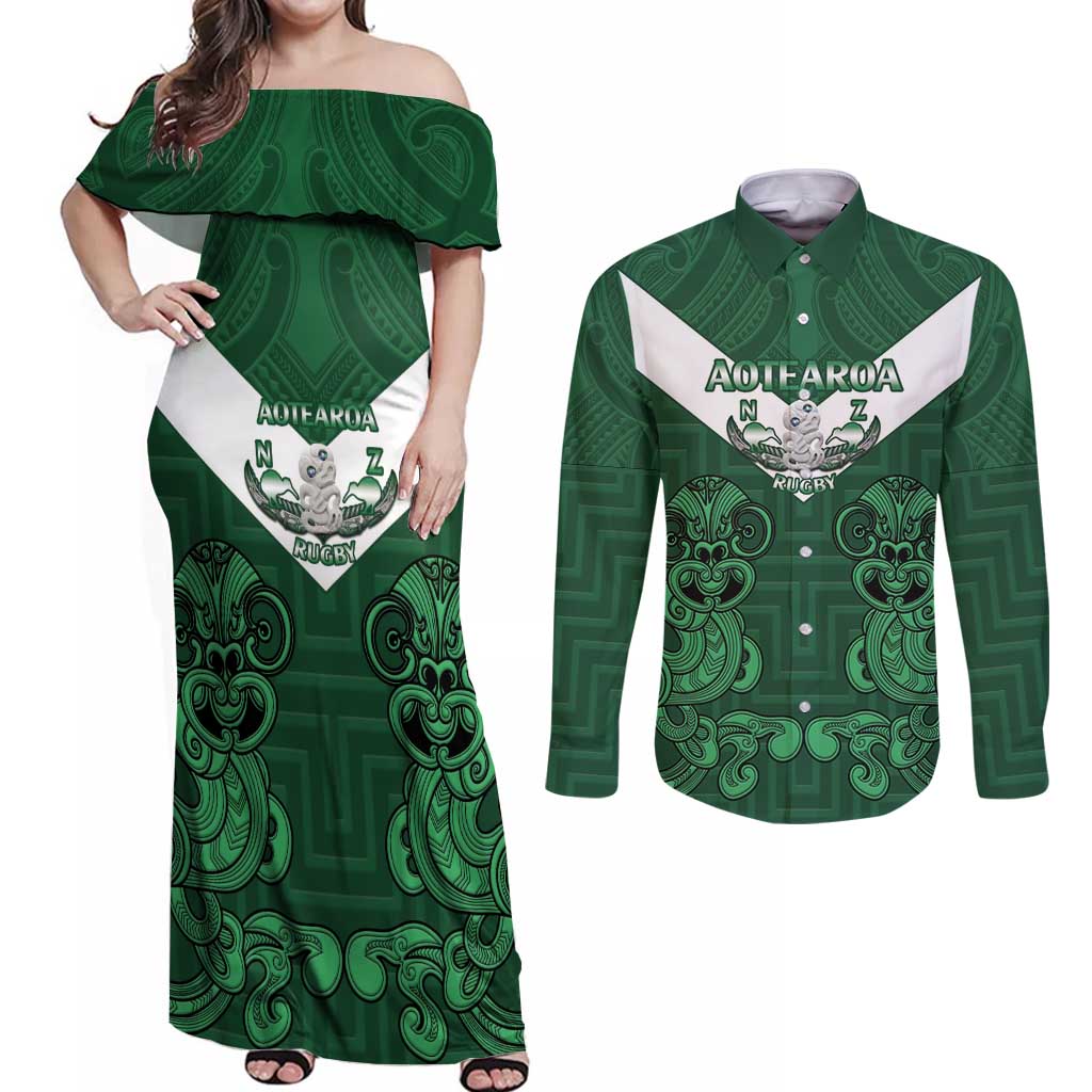 Custom Aotearoa Rugby Couples Matching Off Shoulder Maxi Dress and Long Sleeve Button Shirt New Zealand Maori Kete Poutama Pattern LT14 Green - Polynesian Pride