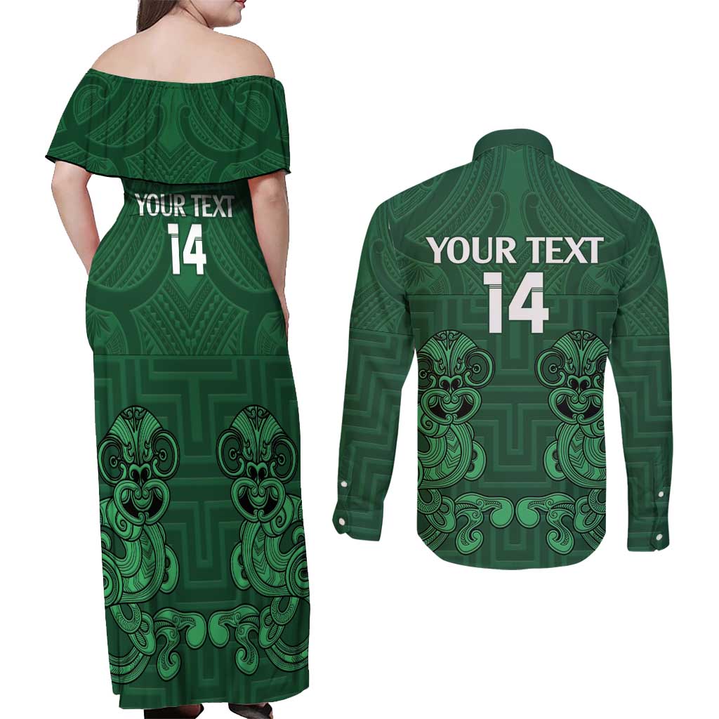 Custom Aotearoa Rugby Couples Matching Off Shoulder Maxi Dress and Long Sleeve Button Shirt New Zealand Maori Kete Poutama Pattern LT14 - Polynesian Pride
