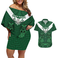 Custom Aotearoa Rugby Couples Matching Off Shoulder Short Dress and Hawaiian Shirt New Zealand Maori Kete Poutama Pattern LT14 Green - Polynesian Pride