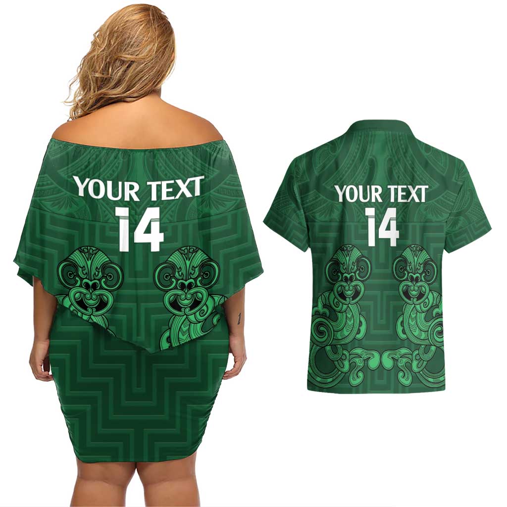 Custom Aotearoa Rugby Couples Matching Off Shoulder Short Dress and Hawaiian Shirt New Zealand Maori Kete Poutama Pattern LT14 - Polynesian Pride