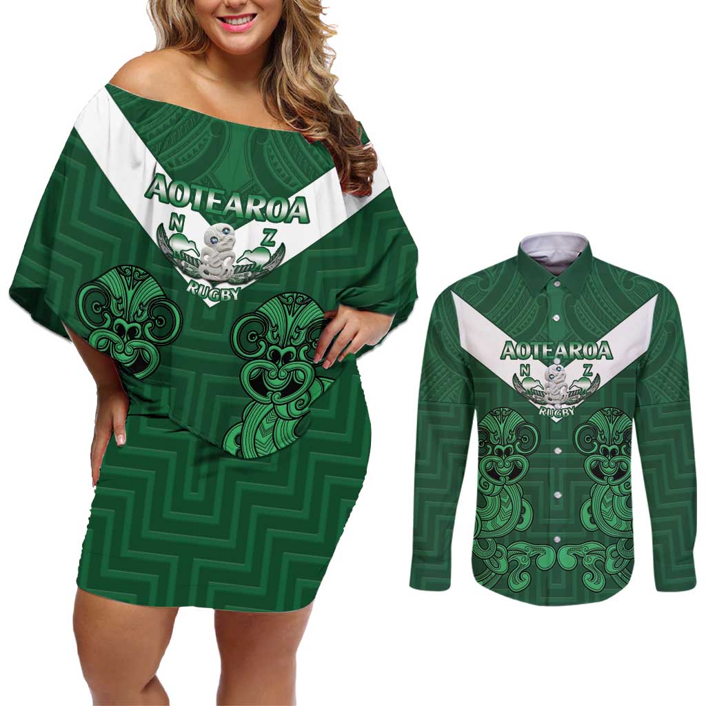 Custom Aotearoa Rugby Couples Matching Off Shoulder Short Dress and Long Sleeve Button Shirt New Zealand Maori Kete Poutama Pattern LT14 Green - Polynesian Pride