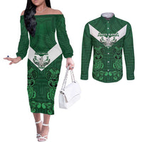 Custom Aotearoa Rugby Couples Matching Off The Shoulder Long Sleeve Dress and Long Sleeve Button Shirt New Zealand Maori Kete Poutama Pattern LT14 Green - Polynesian Pride