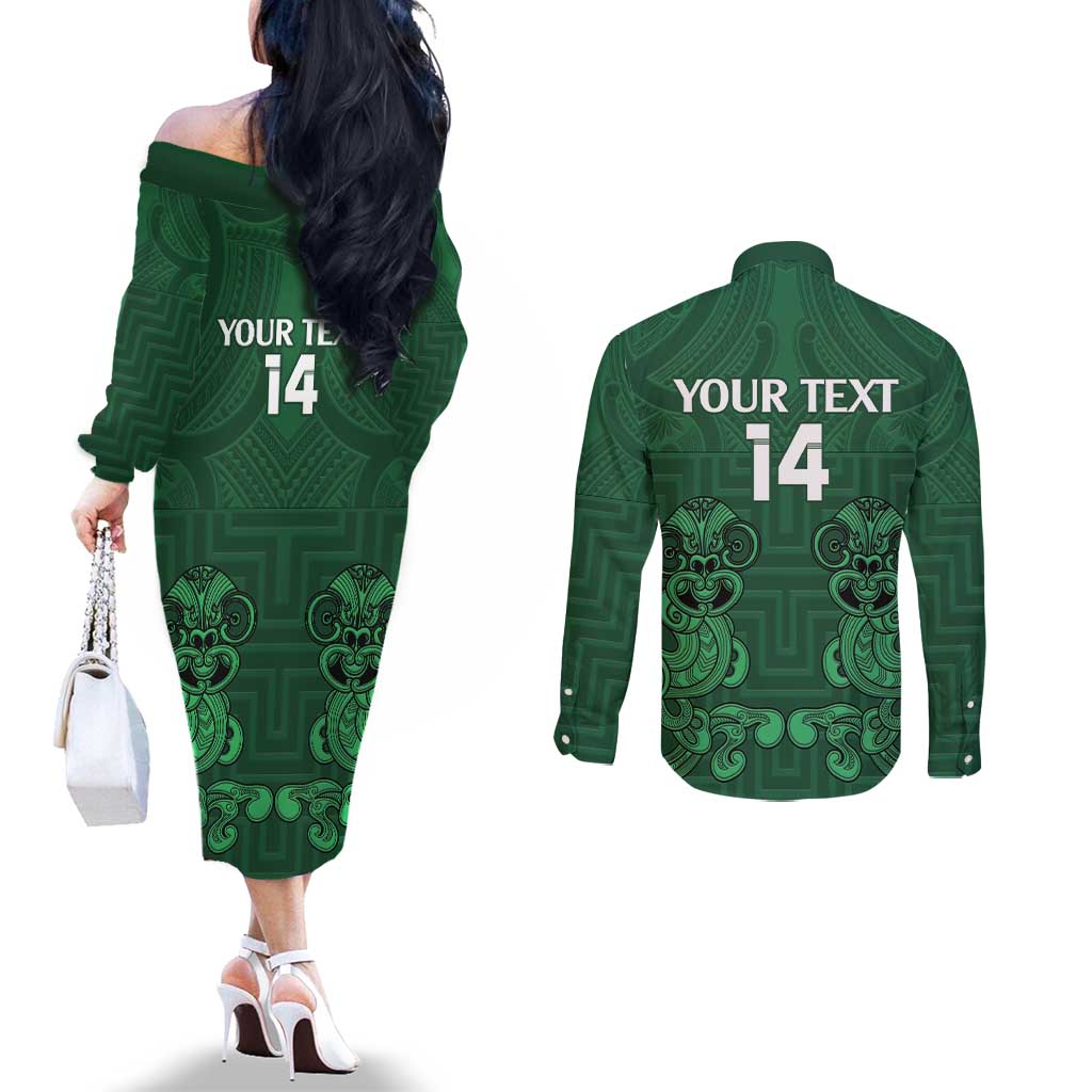 Custom Aotearoa Rugby Couples Matching Off The Shoulder Long Sleeve Dress and Long Sleeve Button Shirt New Zealand Maori Kete Poutama Pattern LT14 - Polynesian Pride