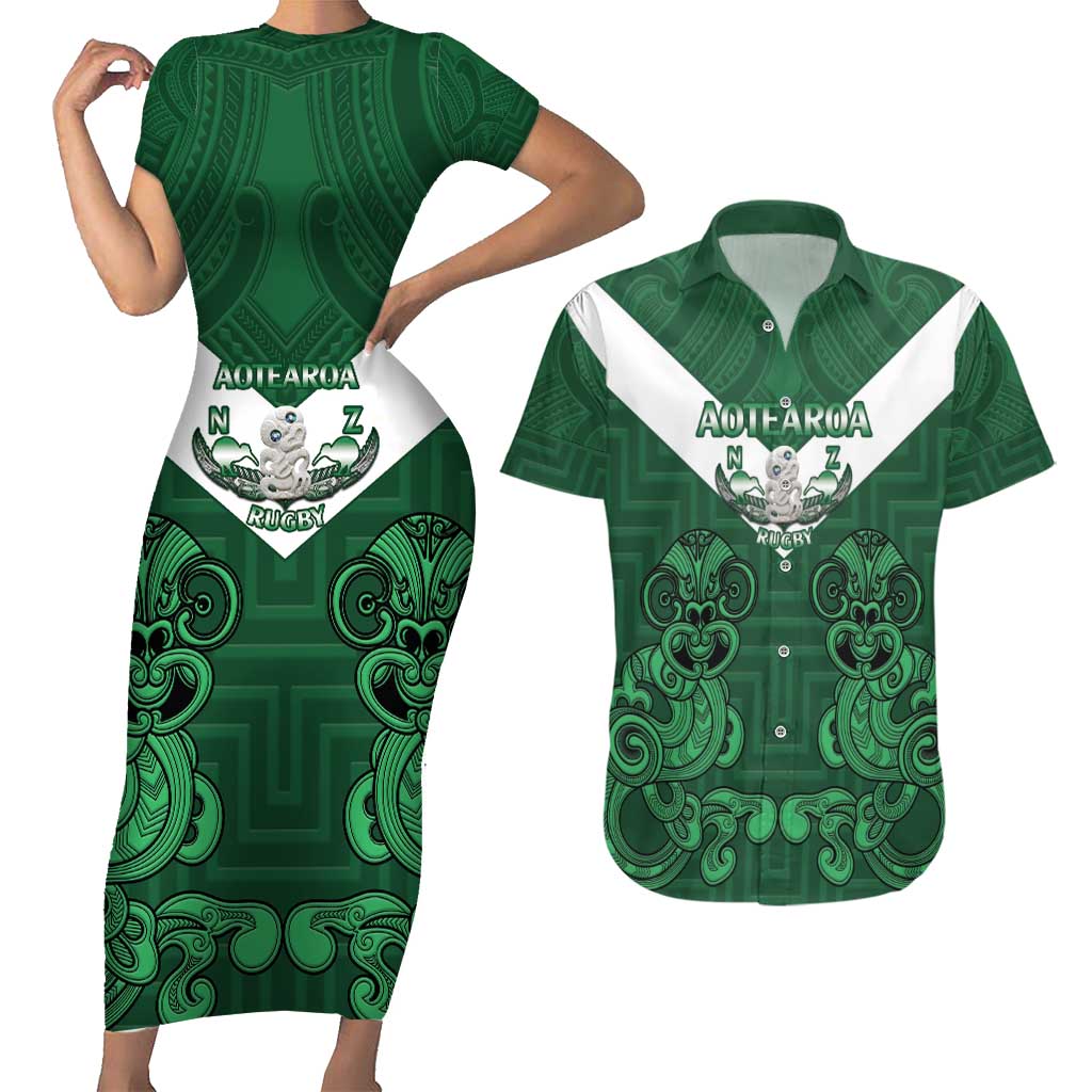 Custom Aotearoa Rugby Couples Matching Short Sleeve Bodycon Dress and Hawaiian Shirt New Zealand Maori Kete Poutama Pattern LT14 Green - Polynesian Pride