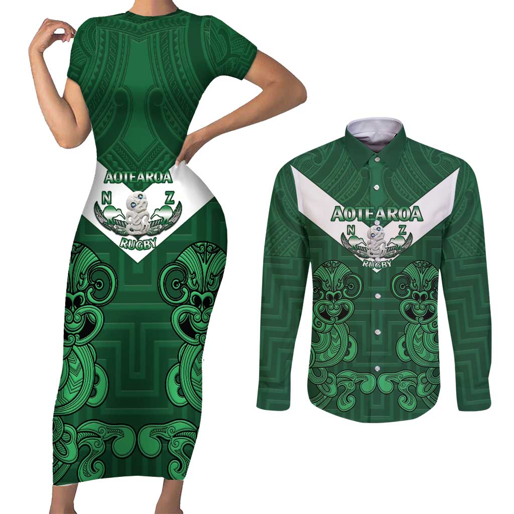 Custom Aotearoa Rugby Couples Matching Short Sleeve Bodycon Dress and Long Sleeve Button Shirt New Zealand Maori Kete Poutama Pattern LT14 Green - Polynesian Pride