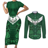 Custom Aotearoa Rugby Couples Matching Short Sleeve Bodycon Dress and Long Sleeve Button Shirt New Zealand Maori Kete Poutama Pattern LT14 Green - Polynesian Pride