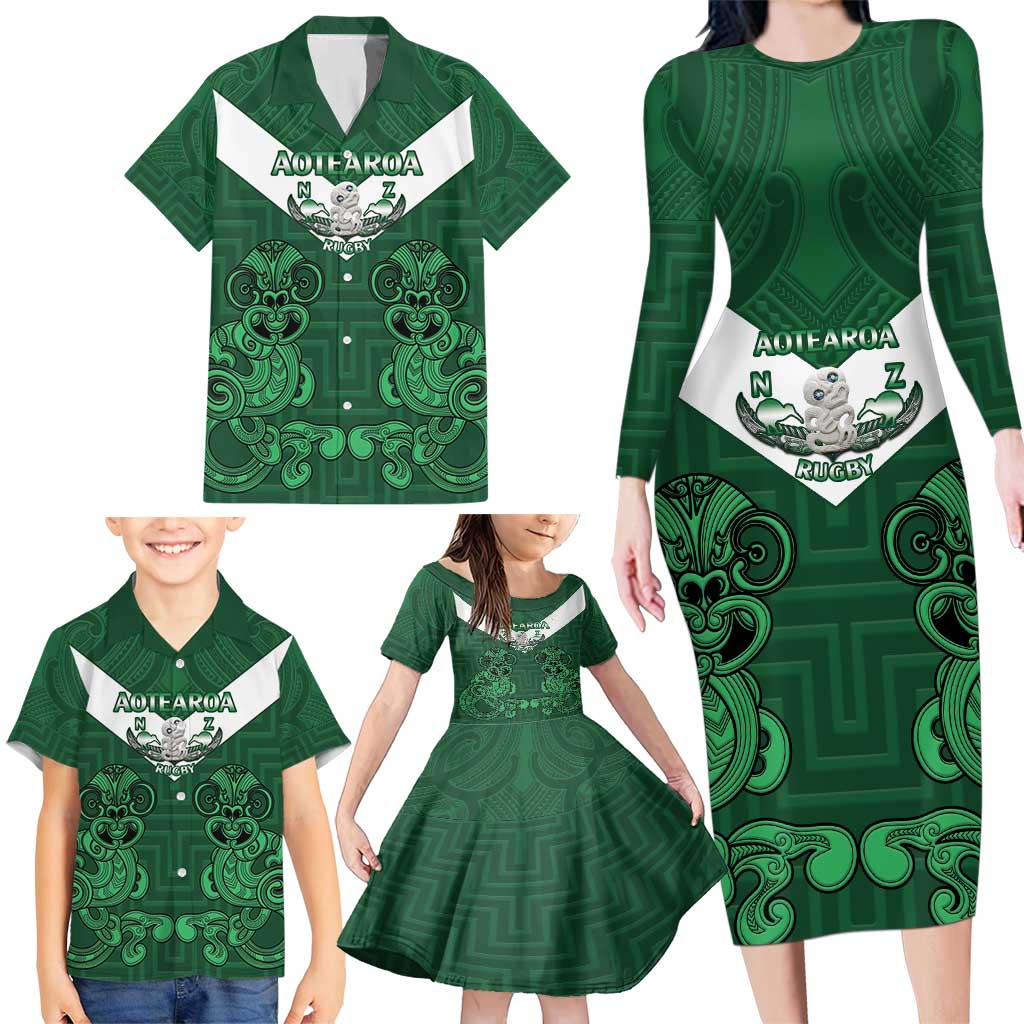 Custom Aotearoa Rugby Family Matching Long Sleeve Bodycon Dress and Hawaiian Shirt New Zealand Maori Kete Poutama Pattern LT14 - Polynesian Pride